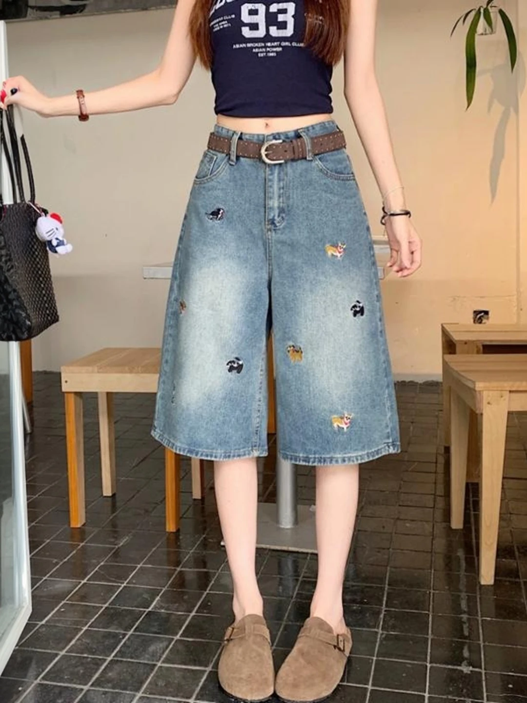 

Retro Blue Embroidered Straight Leg Denim Jeans High Waist Loose Fit Summer Women's plus Size Wide Leg Pants