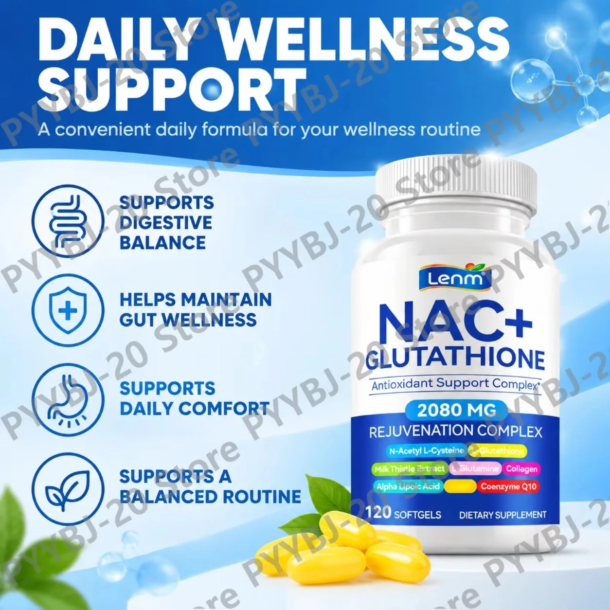 Lenm NAC+Glutathione Softgels Liver Health Support Respiratory Health Immune Support with Milk Thistle ALA CoQ10 2080mg 120ct