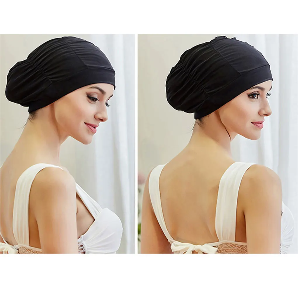 Bonnet de bain en tissu imperméable pour femme, léger, réglable, noir, rester confortable