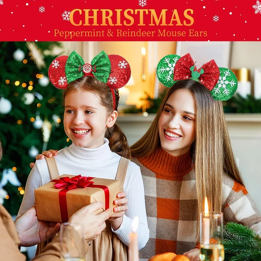 ETLUK 2 قطعة آذان ماوس عيد الميلاد المتألقة للنساء عصابات رأس عيد الميلاد لتزيين الحفلات والنعناع والرطبة
