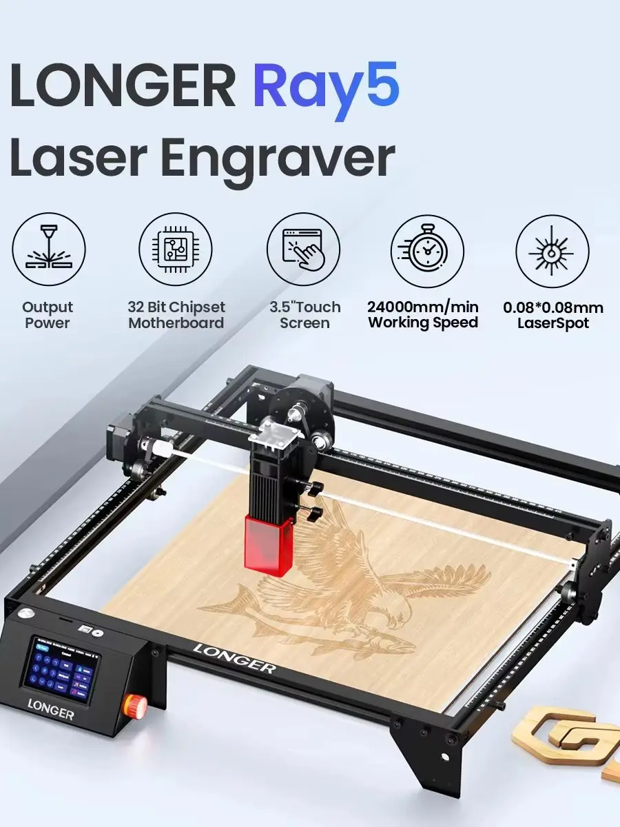 LONGER RAY5 5W/10W/20W/40W 450nm Diodenlaser-Graviergerät 32-Bit-Hauptplatine mit 3,5-Zoll-Touchscreen Offline-Gravur und -Schneiden Ultrafeiner Laserstrahl Komprimierter Strahl Thermischer &