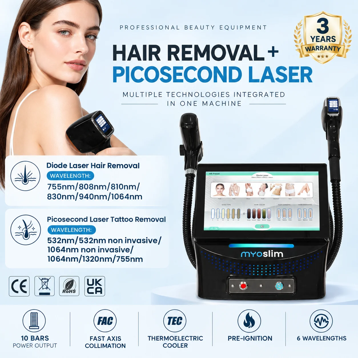 Desktop 2 In 1 6 Wavelength 10Bars FAC TEC Cooling Pre Ignition Diode Laser Hair Removal Picosecond Tattoo Removal Salon Machine