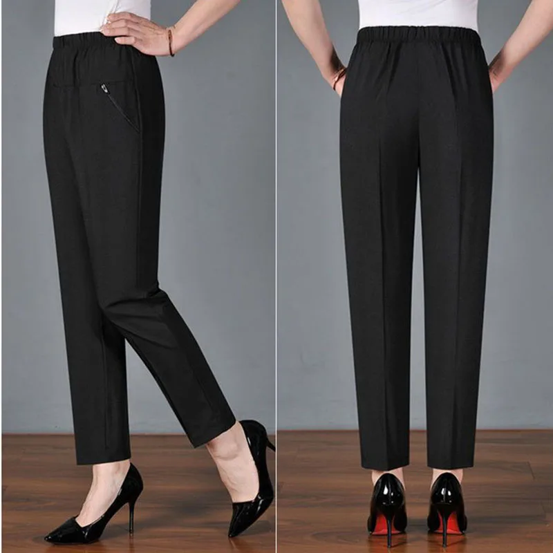 

Middle-aged Women Pants Casual Loose High Elastic Waist Cropped Pants Spring Summer Solid Color Straight Pants Female Trousers