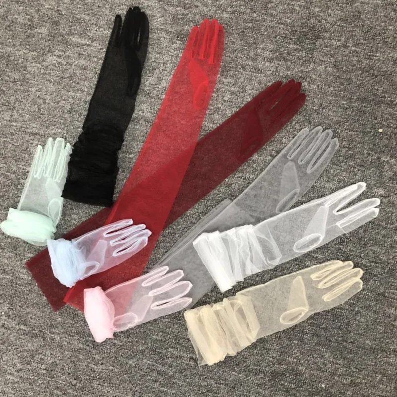 Vintage Sunscreen Gloves Wedding Bride Dress Mittens Women 55cm Long Ultra Tulle Gloves Mesh Sheer Full Finger Elbow Long Gloves