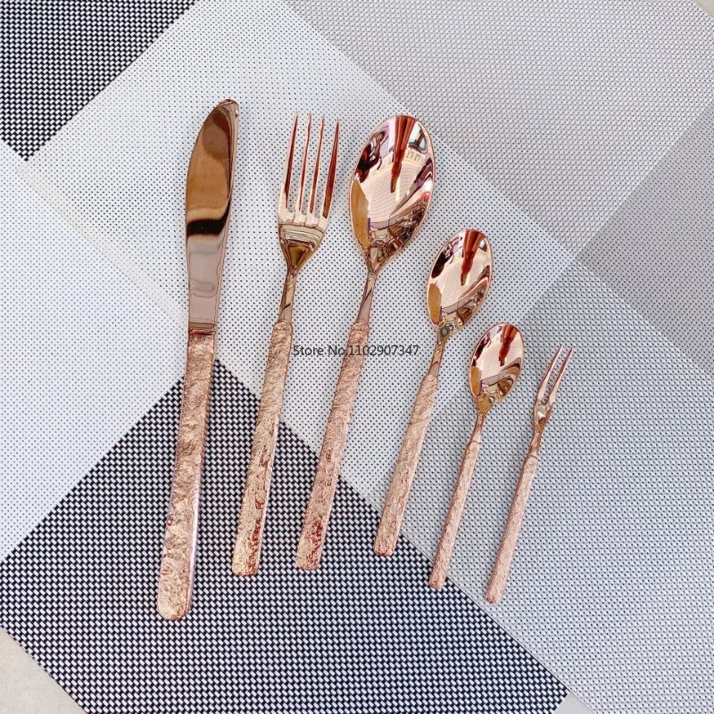 12PCS Rose Gold Tableware Western Food Knife and Fork  Plated Spoon Kit Stone Pattern Table   