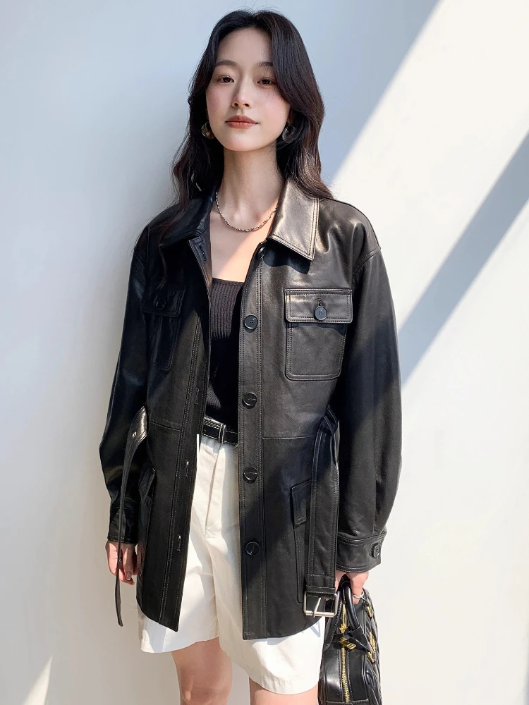Vintage-Cargojacken aus echtem Leder für Damen, Frühling und Herbst 2022, neuer High-End-Mantel aus schlichtem, schmalem, weichem, schwarzem echtem Ziegenleder mit Gürtel