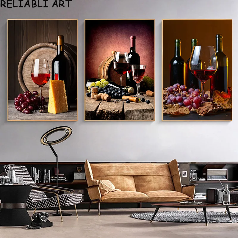 Póster e impresiones de copa de vino de uva y barril de estilo nórdico, pintura en lienzo, imágenes artísticas de pared para sala de estar, decoración del hogar, sin marco