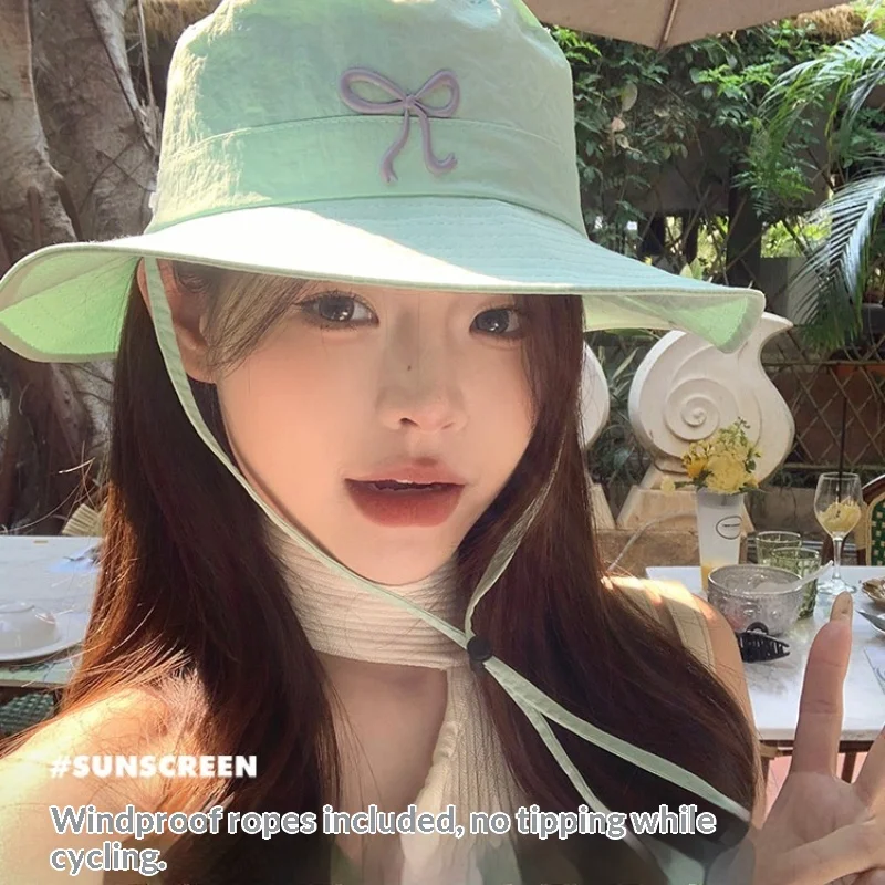 1pc Korean Embroidery Pink Bow Quick Fisherman Hat Windproof Rope Women Outdoor Sun Hats Girl Summer Sunscreen Bowl Beach Caps