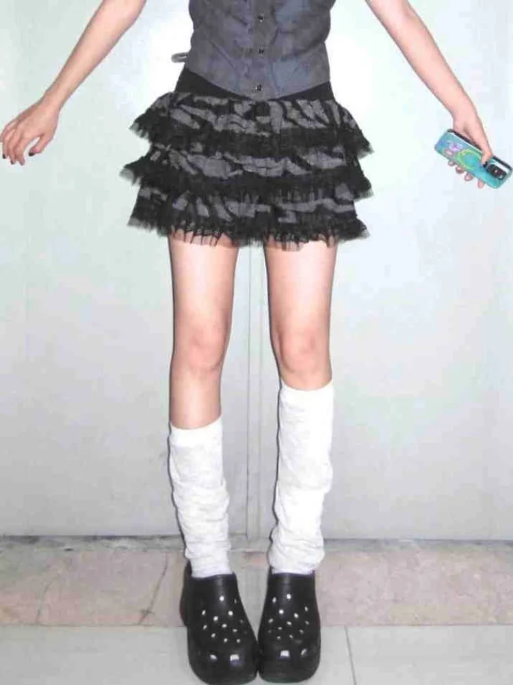 

American Casual Black Cake Skirt for Women Lace Patchwork Vintage Sweet Skirts Autumn Winter Y2k Faldas Mujer Moda 2025