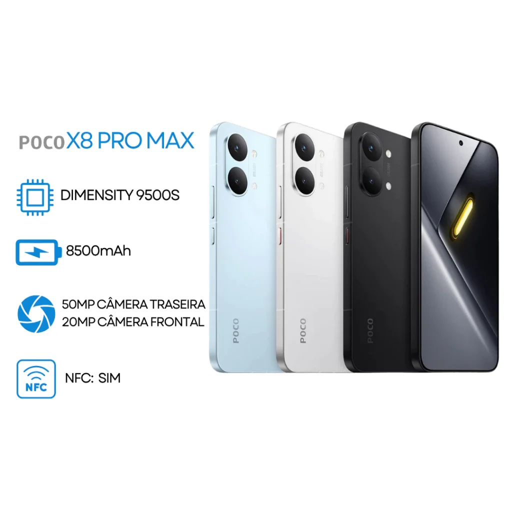 Xiaomi Poco X8 Pro Max 5G, 256GB + 12GB RAM, Processador MediaTek Dimensity 9500s, Bateria de 8500 mAh, Versão Global