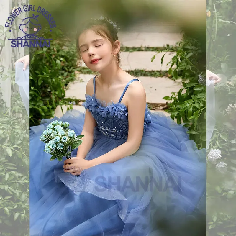 Blue Flower Girl Dress for Weddings Exquisite A-LINE Sleeveless Sweetheart Floor-Length Princess Dress for Girls 1-13