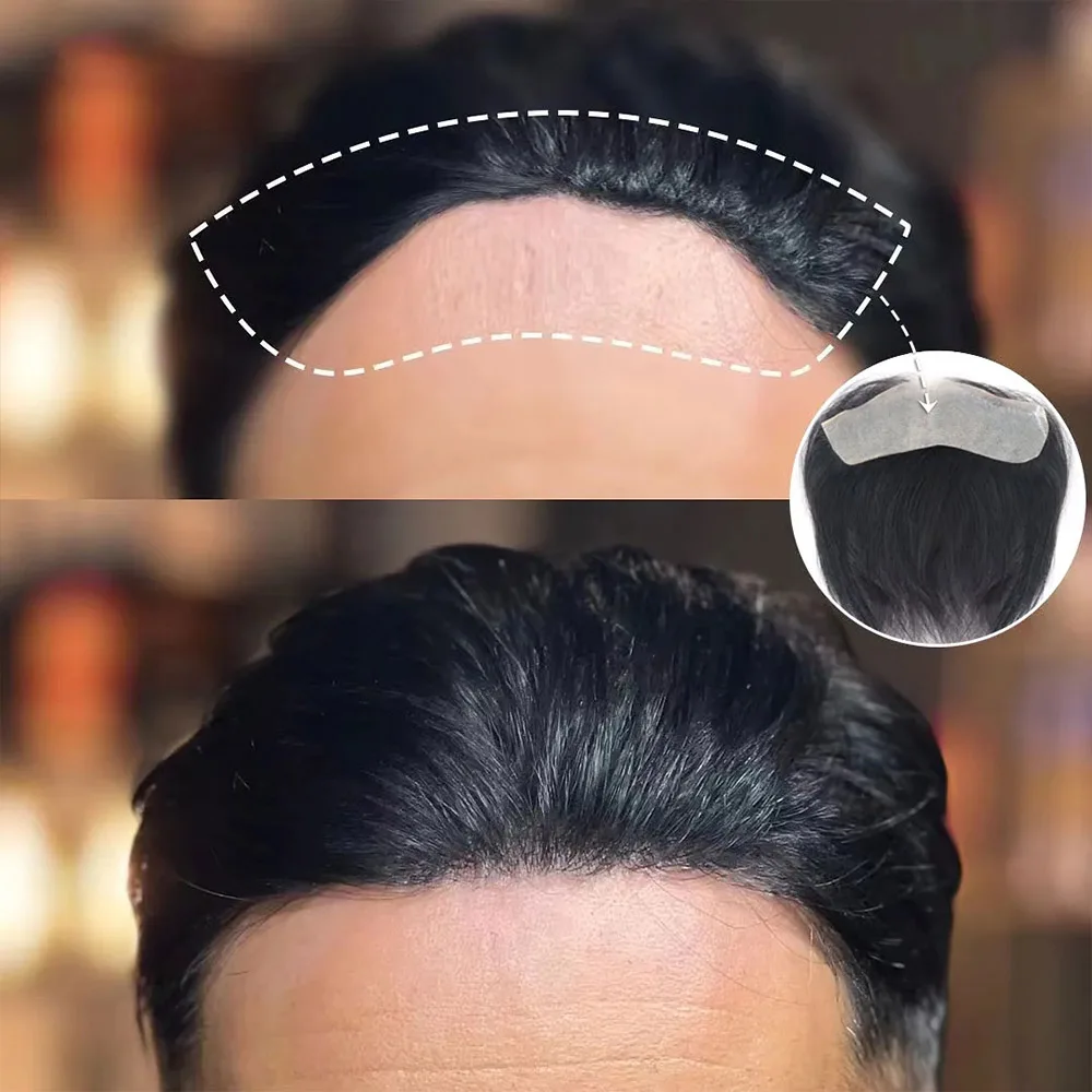 Mens Frontal Toupee V Loop 100% Human Hair Forehead Hairline Patch 0.06mm Thin Skin PU Hairline Men\'s Capillary Prosthesis