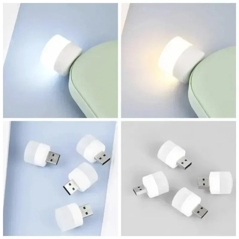 USB 야간 조명 미니 LED 플러그 램프, 따뜻한 흰색 눈 보호 책 독서등, 보조배터리 충전 원형 테이블 램프, 50 개, 1 개