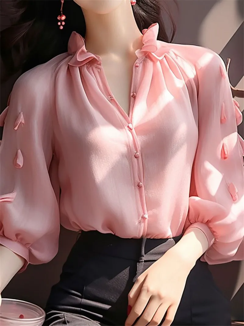 2024 Summer Women's Fashion French Pretty Age Reducing Women's Shirt Wooden Ear Edge Bubble Sleeves Chiffon Shirt Covering Meat