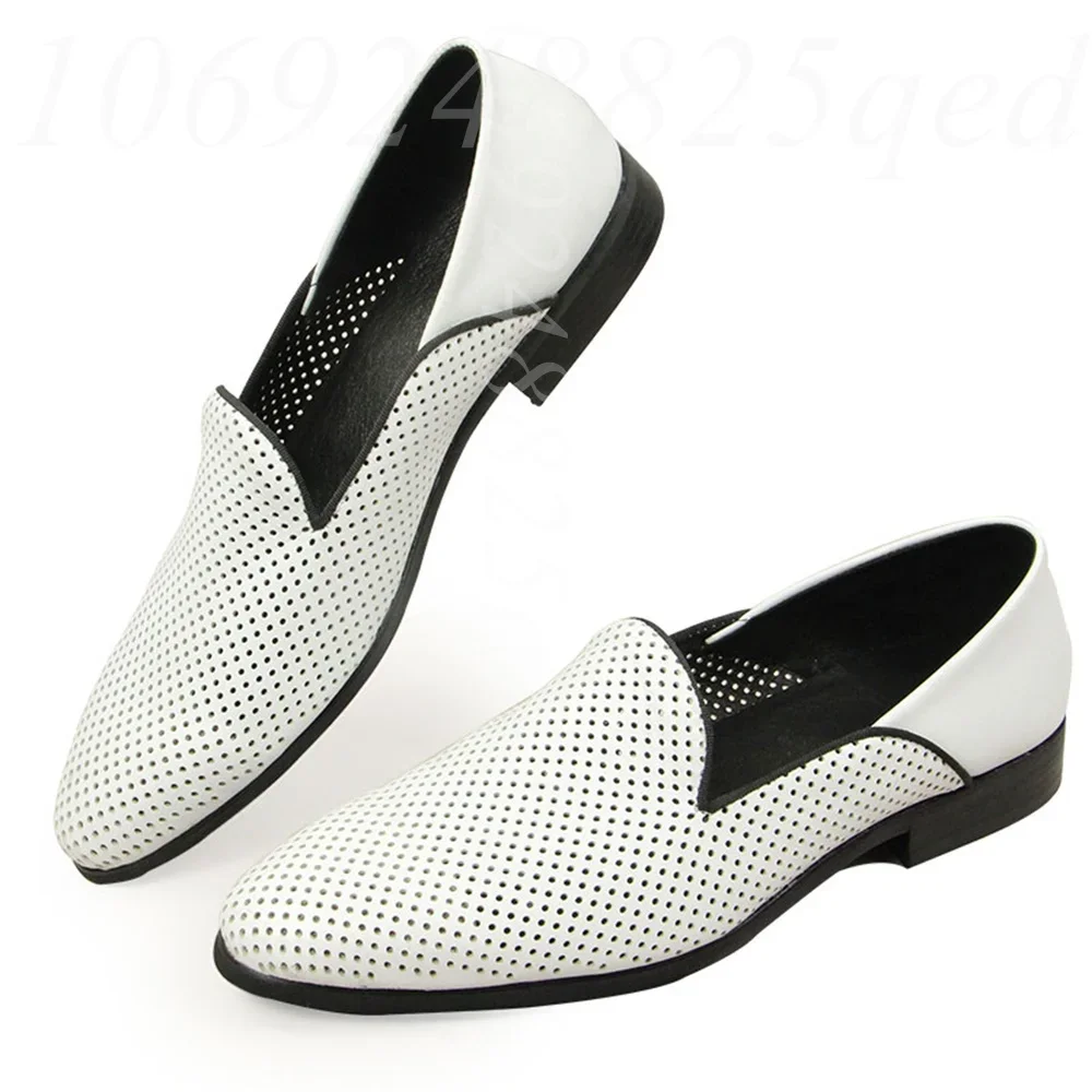 Men White Perforated Leather Loafers Breathable Slip-Ons with Black Contrast Trim Pointed Toe Shoes for Summer Casual Outings