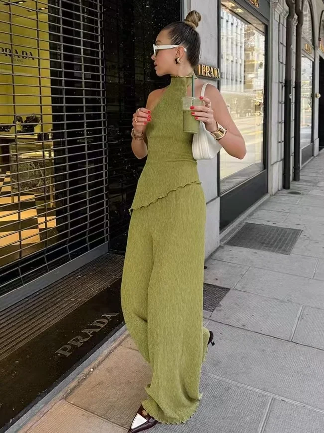 Conjunto de Top y pantalones Sexy para mujer, pantalones de pierna ancha, vestido de Neline con dobladillo doblado, traje de dos piezas redondo Ne