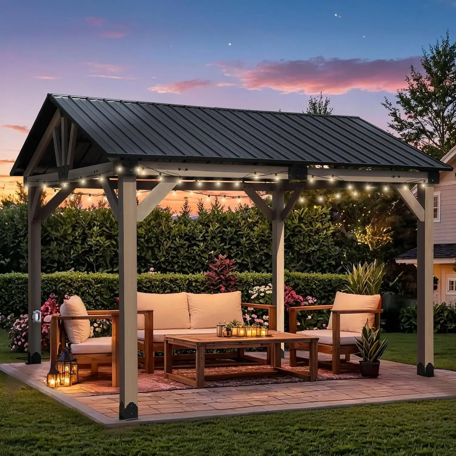 Wooden Frame Gazebo with Galvanized Metal Hardtop Roof, Outdoor Patio Charging Socket for Backyard Deck Lawn, Customized