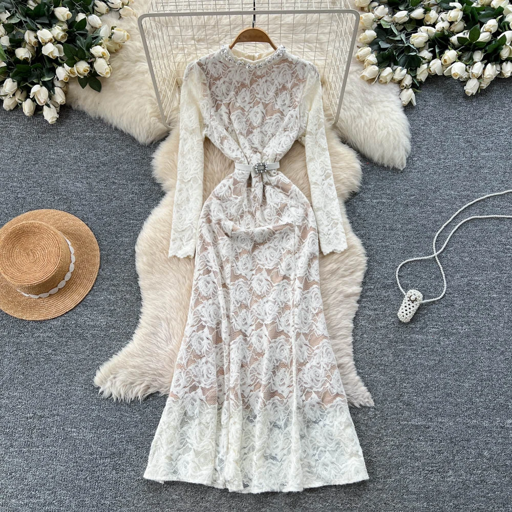 

Шикарное винтажное кружевное длинное платье с круглым вырезом и длинными рукавами, корейская модная осенняя женская одежда, церемониальные платья