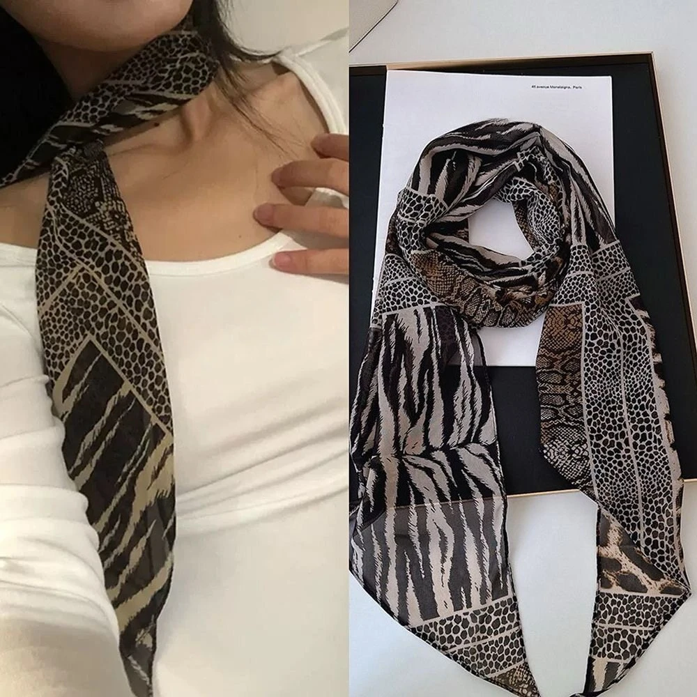 Leopard Small Long Silk Scarf Women Chiffon Strap Winter Warm Windproof Y2k Irregular Scarf Waste World Punk for Nightclub Party view 5