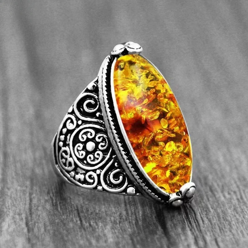 European and American Creative Retro Imitation Amber Ring Bohemian Ethnic Style Ancient Silver Carved Men's Ring