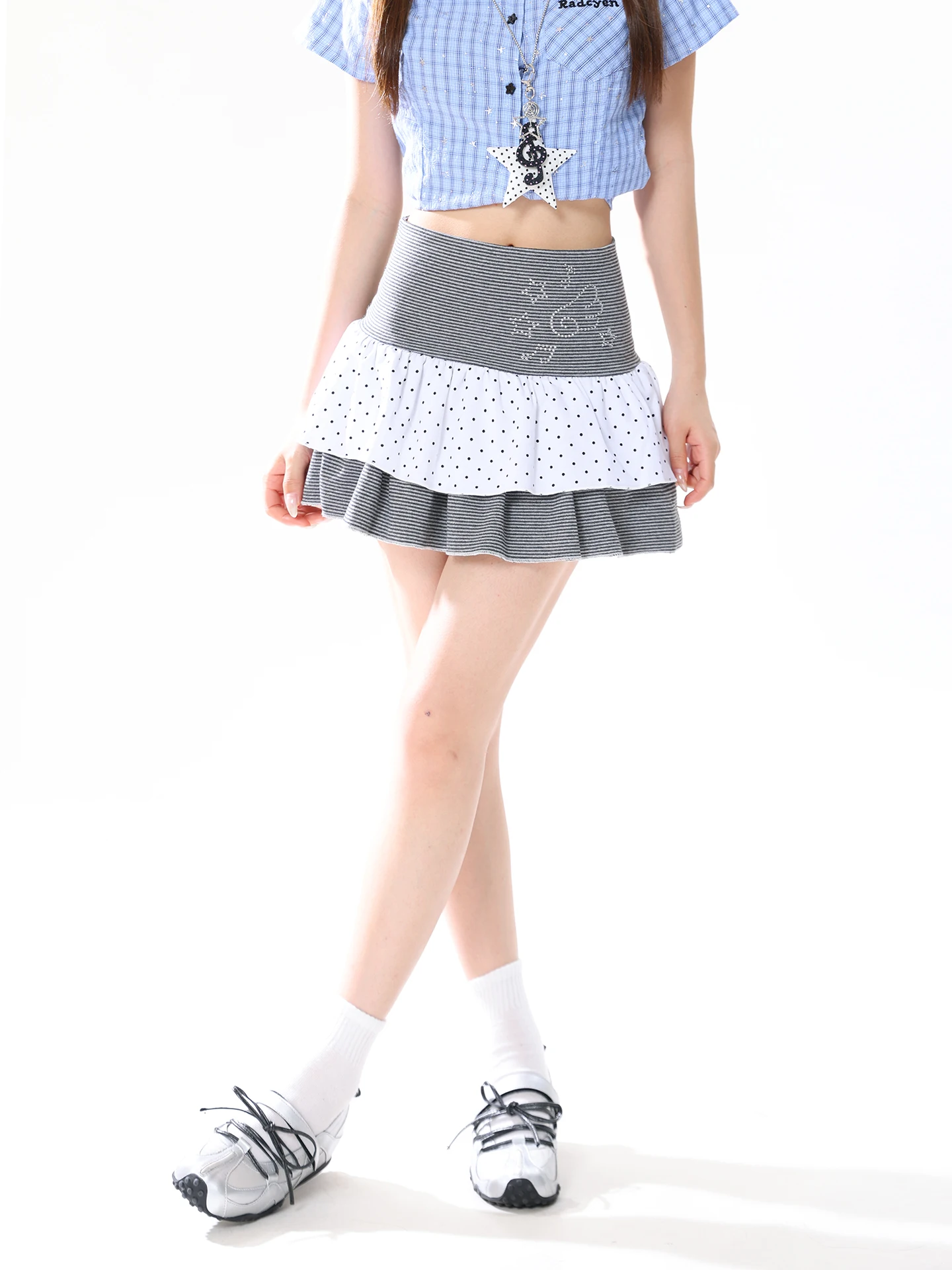High Waist Puffy  Skirt with Polka Dot Splicing Cake Style Short Skirts for Women Summer Fashion Semi-Body Skirts
