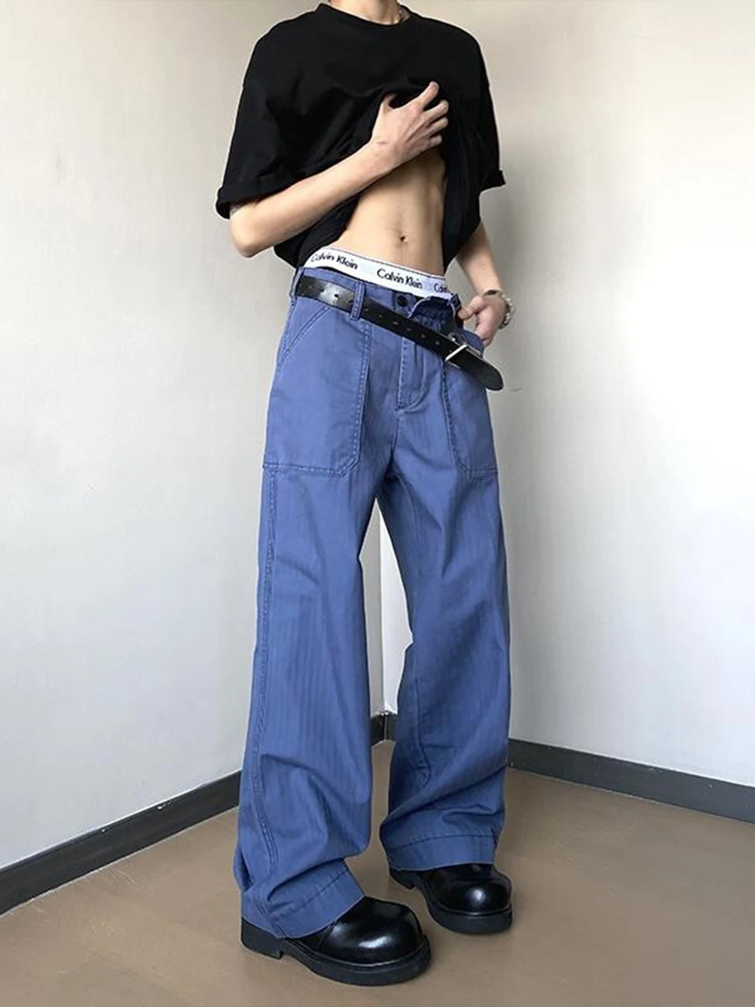 

Retro American Workwear Blue Jeans Men Women Washed Outdated Straight Leg High Street Vibe Denim Pants Breathable Wear Resistant