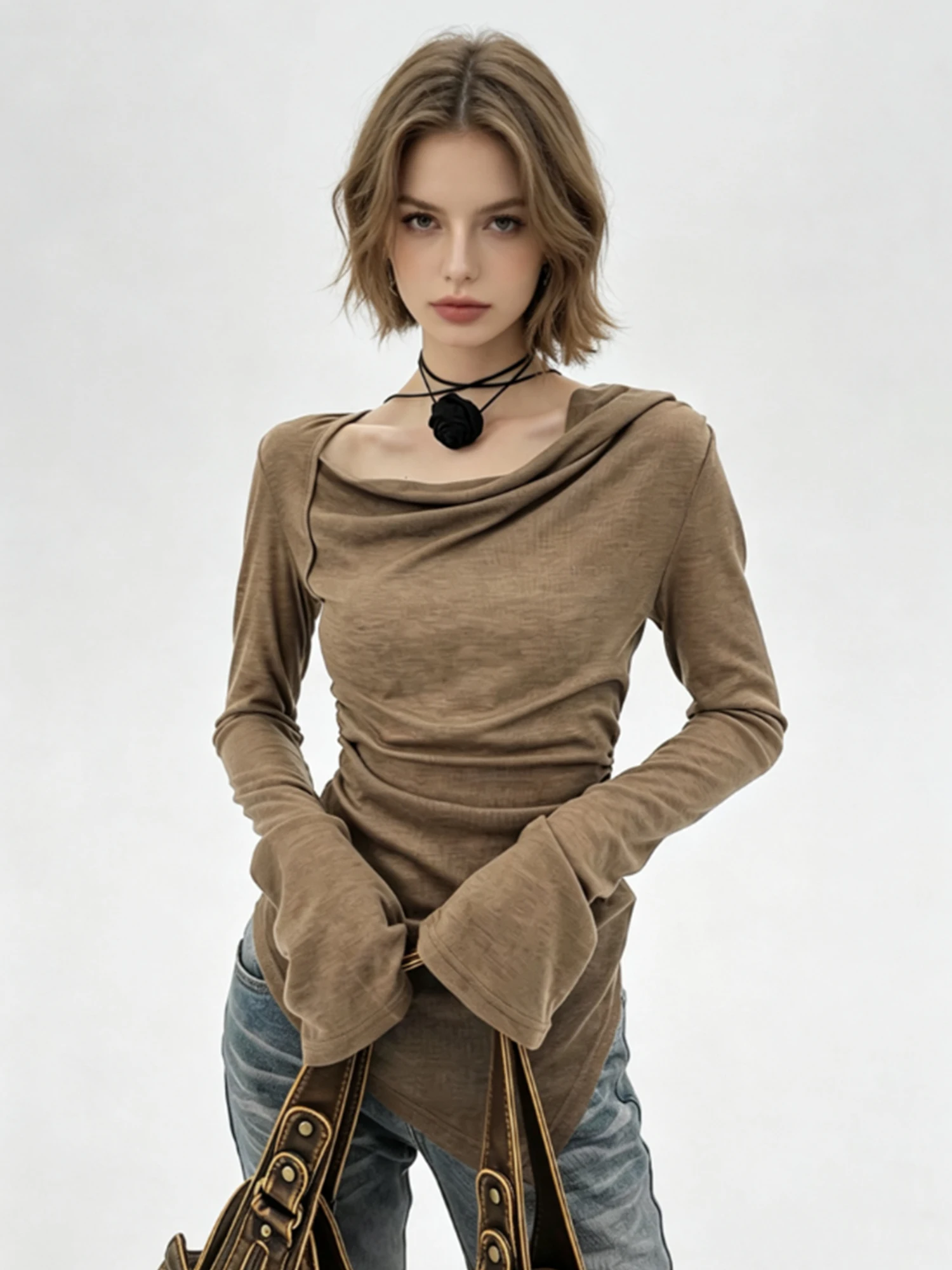 Women's Brown Y2K Gyaru T Shirt Vintage Slim Tee Top Long Sleeve Off Shoulder Thin Base T-Shirt for Women Clothes Spring 2026