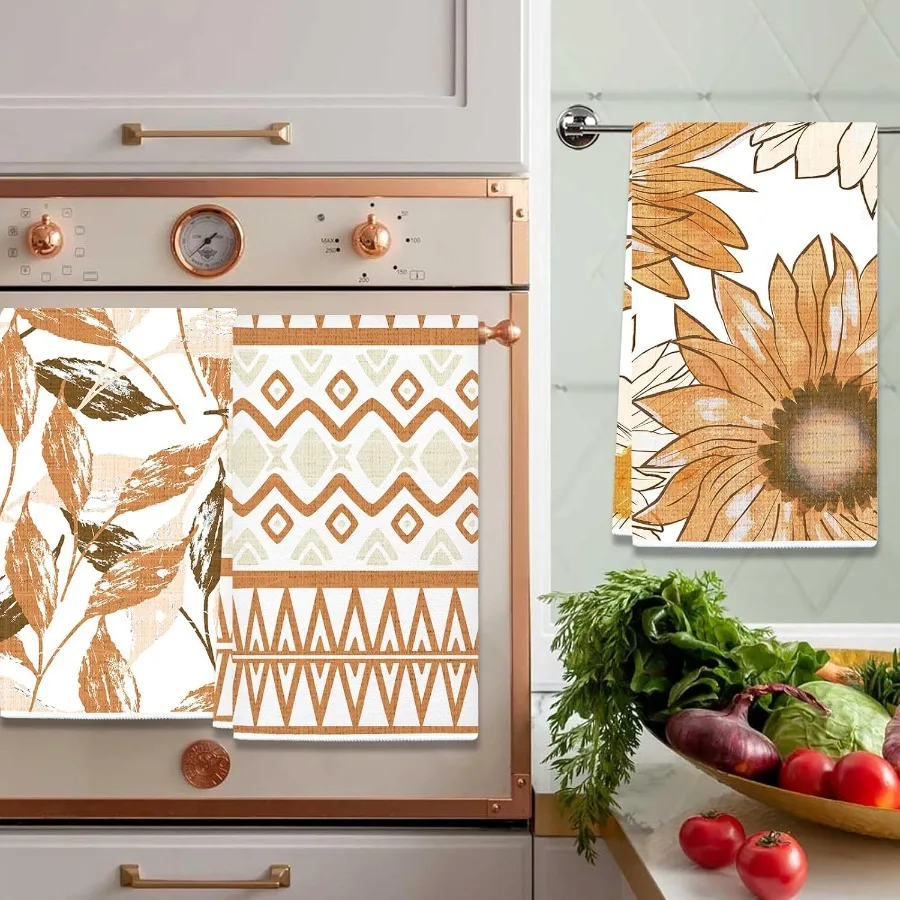 البرتقال الربيع الأزهار يترك منشفة المطبخ مجموعة من 4 زهرة عباد الشمس الزخرفية تجفيف الشاي منشفة أطباق للطبخ الخبز المنزل دي