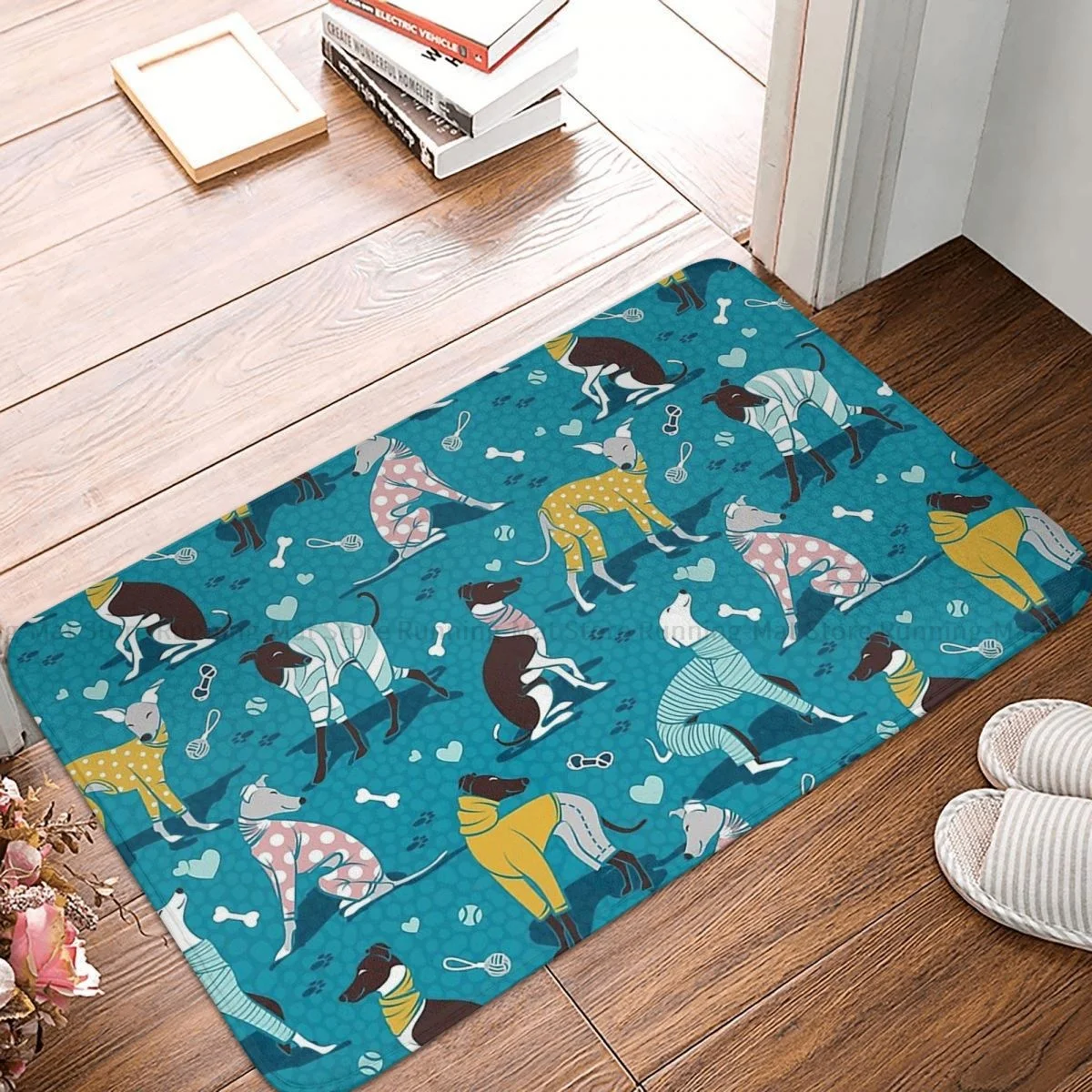 Non-slip Doormat Greyhounds Dogwalk Turquoise Background Living Room Bedroom Mat Outdoor Carpet Home Pattern Decor