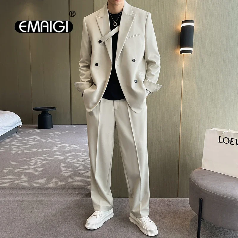 Men Fashion Casual Double Breasted Loose Casual Suits Blazer Wide Leg Pant Male Wedding Business Dress Suits Coat Trousers