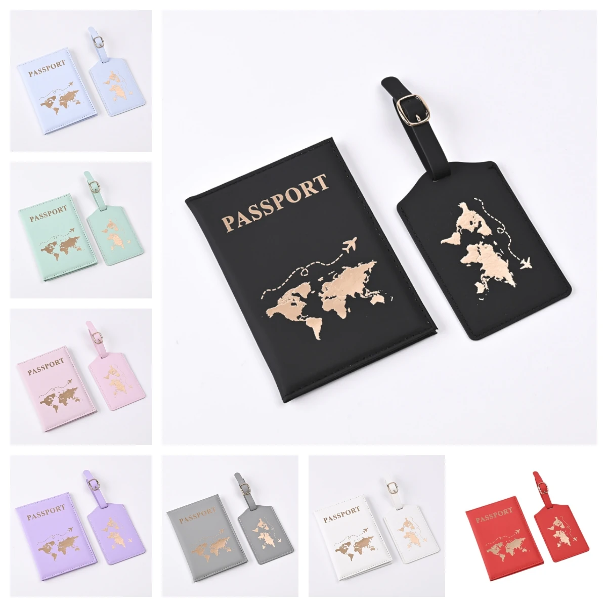 Couvertures de passeport en PU, motif de carte, ensemble d'étiquette de bagage, housse de protection de passeport, étiquettes à bagages, porte-passeport, clip de billet, nouveau, 2024