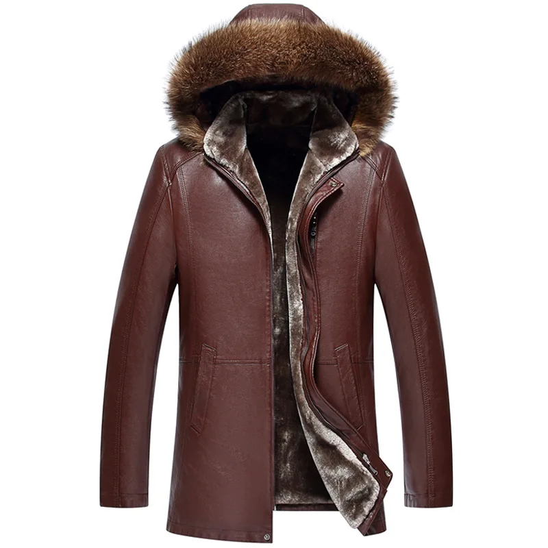 Men's Genuine Leather Jacket Winter Hooded Raccoon Fur Collar Medium Long Jacket Men Fur Leather Coat Man Sheepskin Men Overcoat