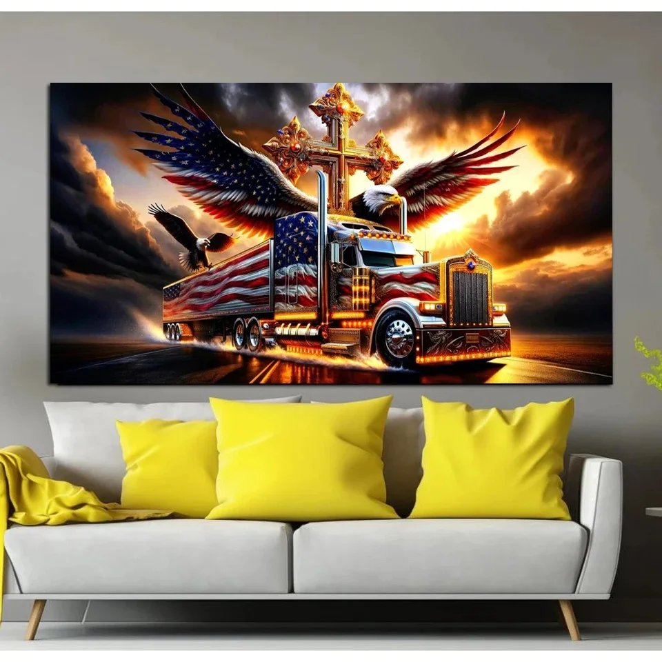 ธงรูปนกอินทรีและรถบรรทุกขนาดใหญ่แบบทำมือ5D ภาพวาดเพชรปักครอสติชทรงกลมสี่เหลี่ยมขนาดใหญ่แบบทำมือปักเพชรโมเสค2024ใหม่