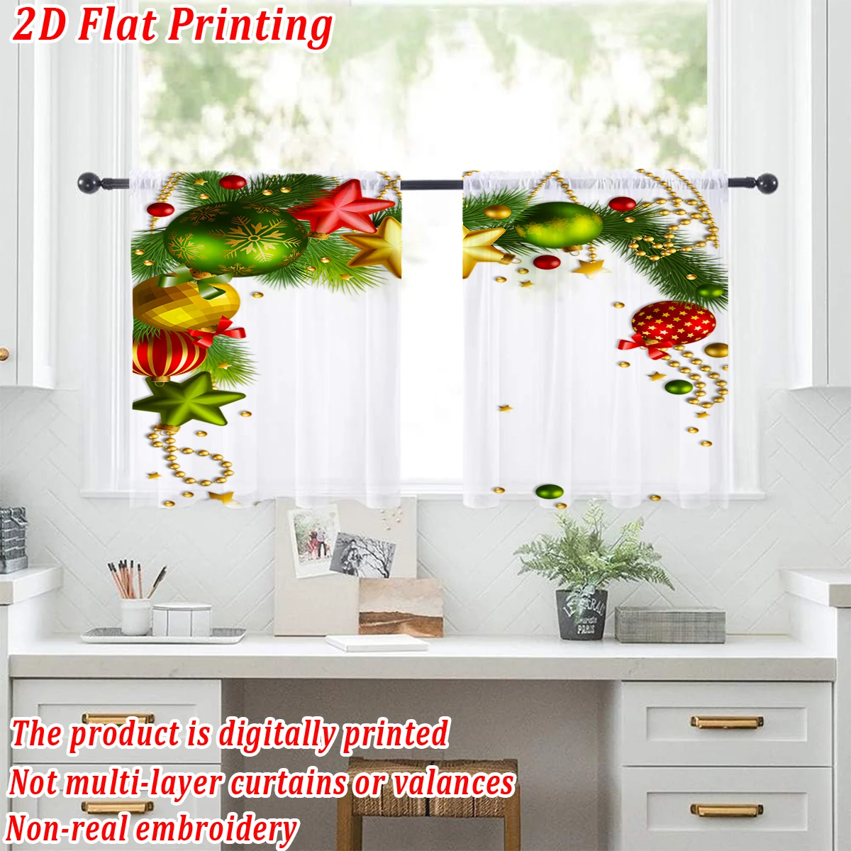 Christmas Flat Printing Kitchen Sheer Curtain with Christmas Ball Star Beading Pine Branch For Christmas Home Decor  Party