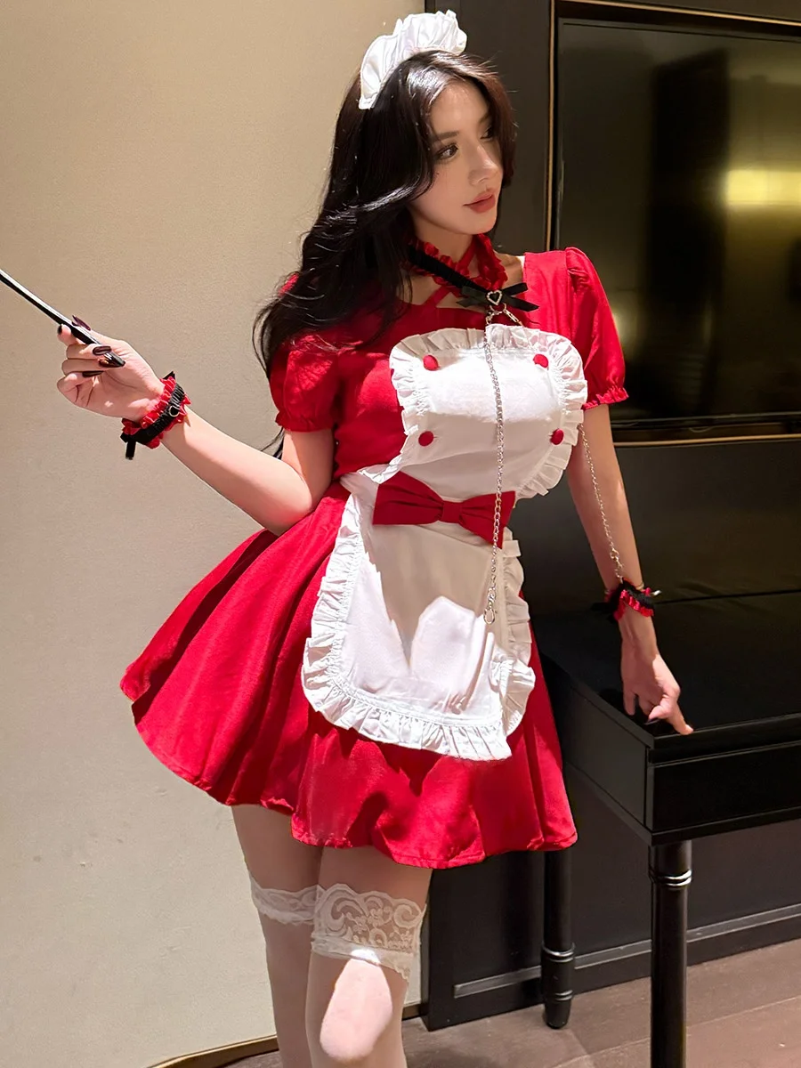New Year Cosplay Christmas Pure Desire Maid Uniform Small Chest Red Sexy Cafe Maid Suit Short Sleeve Short Skirt Home Clothes