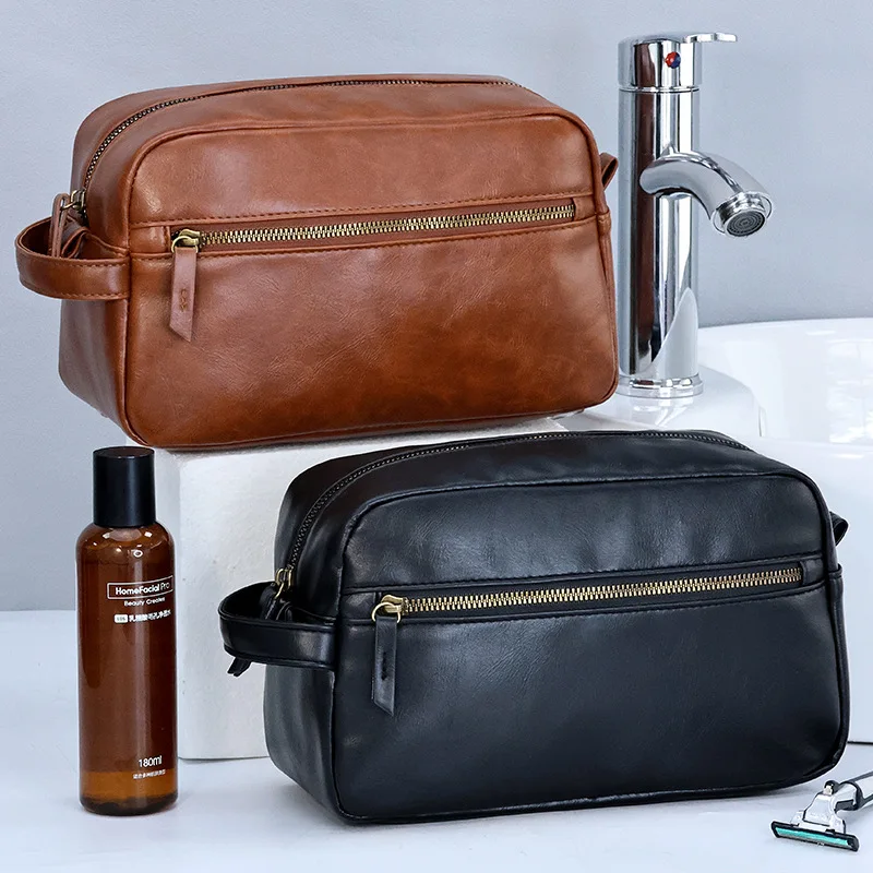 Leather Men Business Portable Storage Bag Toiletries Organizer Women Travel Cosmetic Bag Hanging Waterproof Wash Pouch Makeup