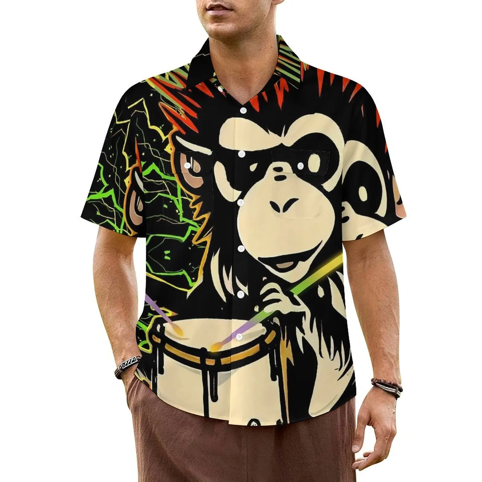 

Drummer Monkey Hawaiian Shirt Men Vacation Animal Print Casual Shirts Short Sleeves Stylish Design Cool Plus Size 6XL Blouses