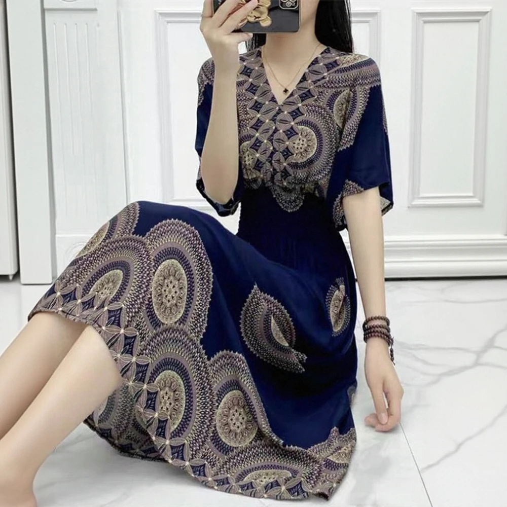 Vestido feminino tradicional elegante com estampa completa, decote em v, manga curta, indie folk, vestido longo, ajuste regular, roupa de outono