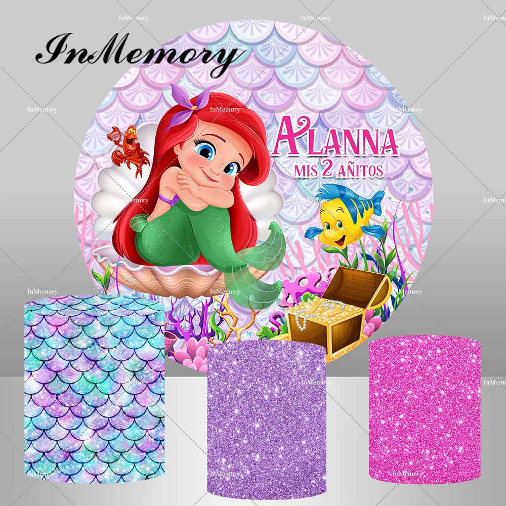 Girls Little Mermaid Ariel Theme Birthday Party Round Backdrop Under The Sea Baby Shower Circle Backgrounds Glitter Plinth Cover