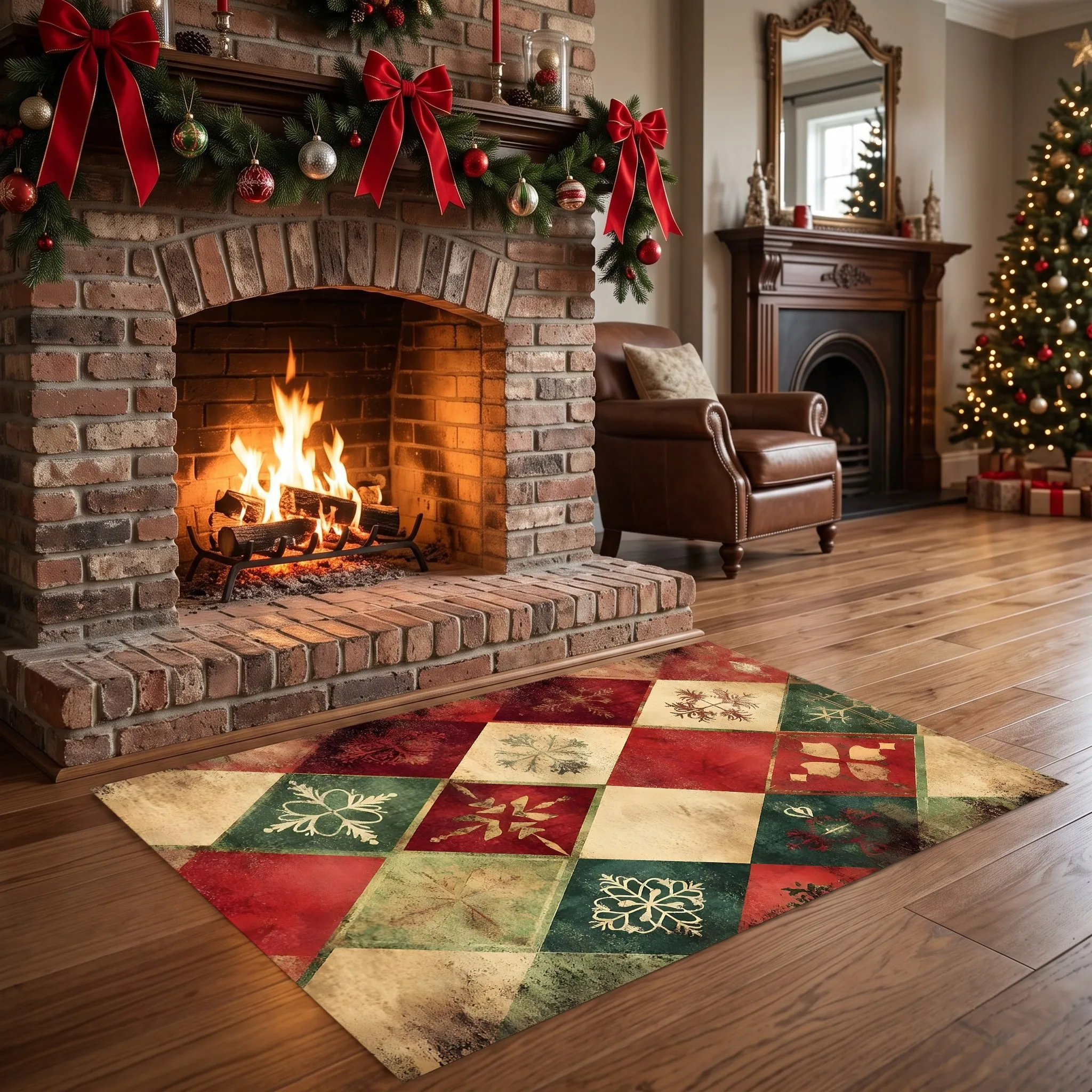 Retro Color-Blocked Diamond Snowflake American Vintage Christmas Velvet Rug, Suitable for Living Room, Bedroom, and Entryway, Creating a Warm and Inviting Atmosphere for Autumn and Winter
