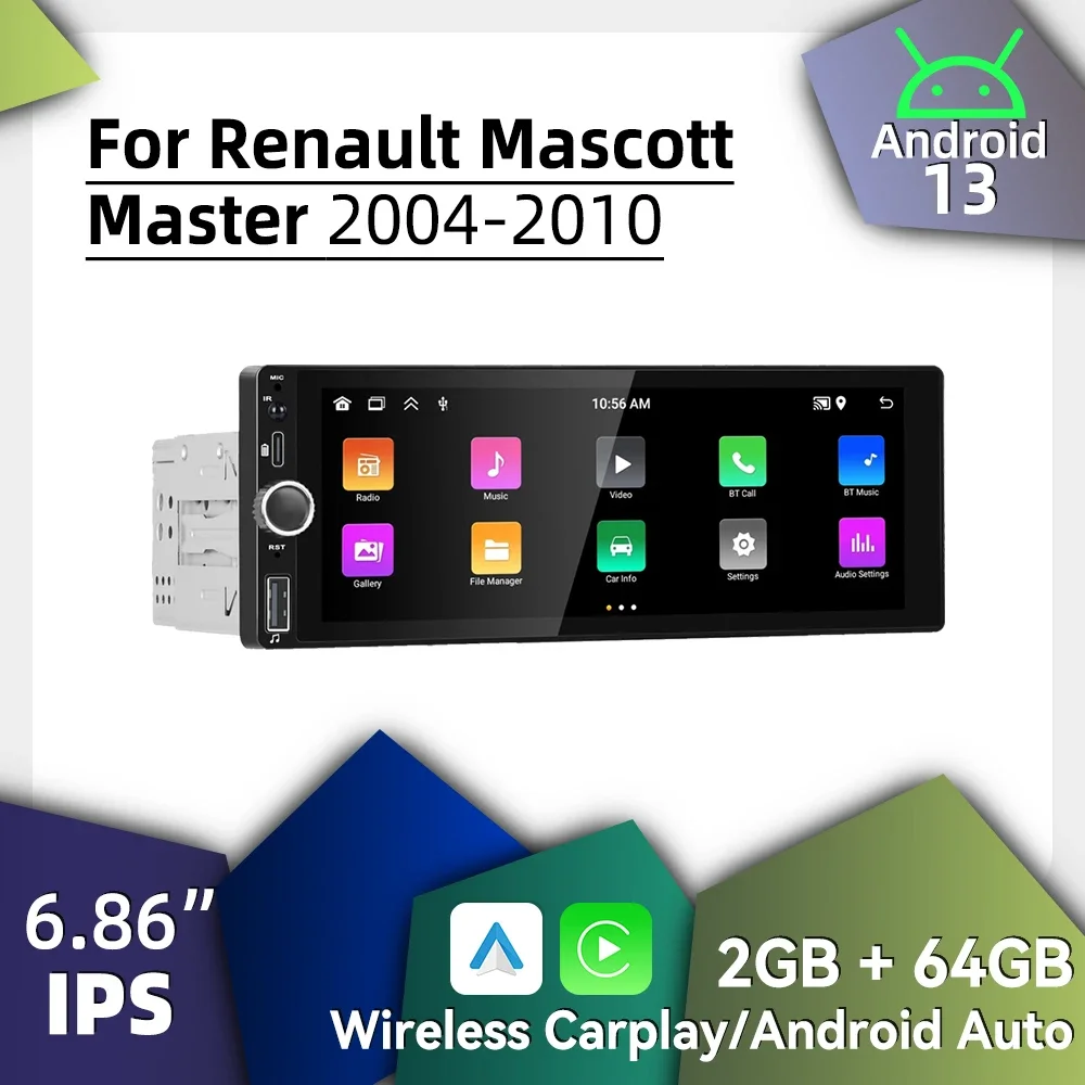 

Carplay Android Auto 1-диночное радио Android для Renault Mascott Master 2004-2010 6,86 "экран автомобильный мультимедийный стерео головное устройство GPS