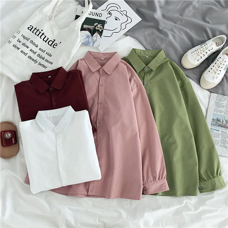 Casual Shirts Women Loose Solid Candy All-match Colors Single Breasted Tops Chic Long Sleeve Turn-down Collar Blouses Students