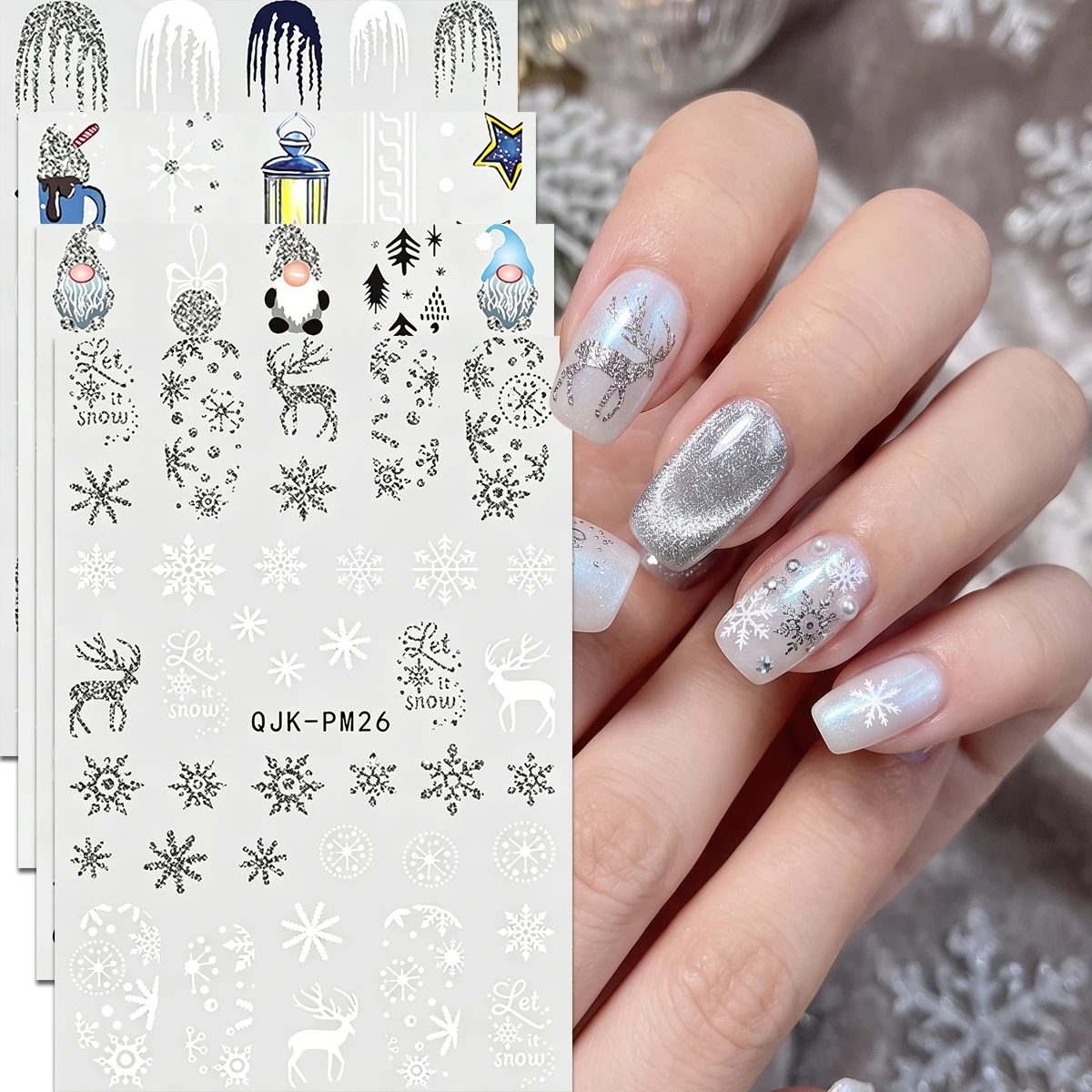 4/5/6/8Pcs Winter Glitter Silver Nail Stickers, Snowflake Snowman Decals, Nail Supplies, Christmas Party Gift