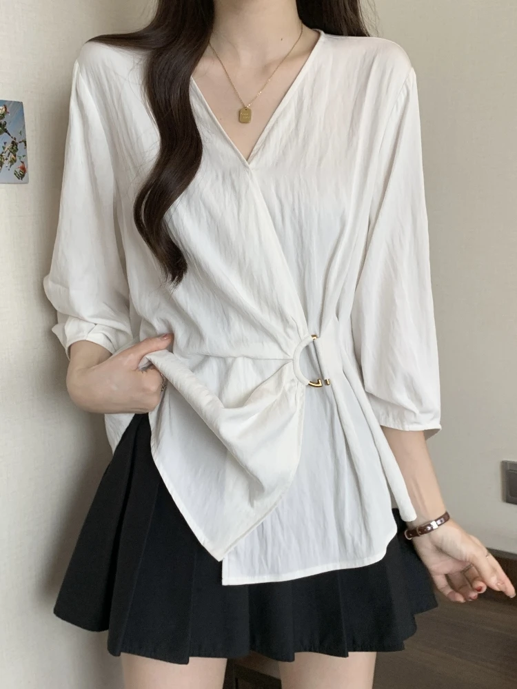 

Spring Autumn V-neck Long Sleeve Women's Shirt plus Size Conceals Belly Waist-cinching Elegant Base Layer Top