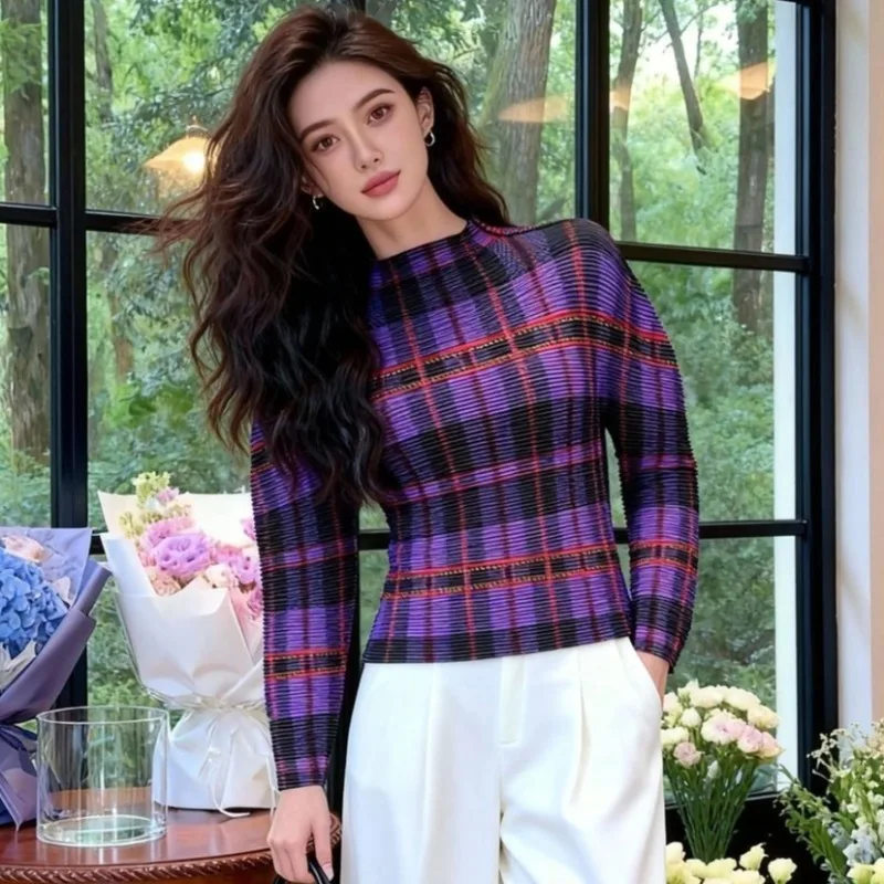 

Miyake Pleated T-shirt 2026 New Printed Half-high Neck Bottoming Shirt Temperament Commuting Leisure Light Stretch Tops Clothes