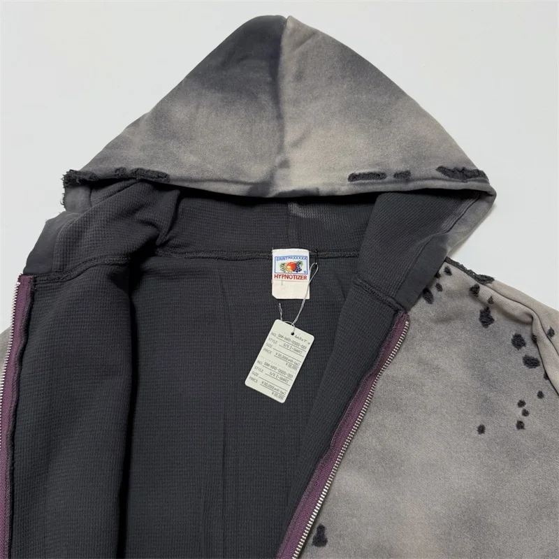 SAINT Mxxxxxx  Washed Black Jackets Men Women 1:1 Best Quality Hole Vintage Heavy Fabric Waffle Zipper Sweatshirts