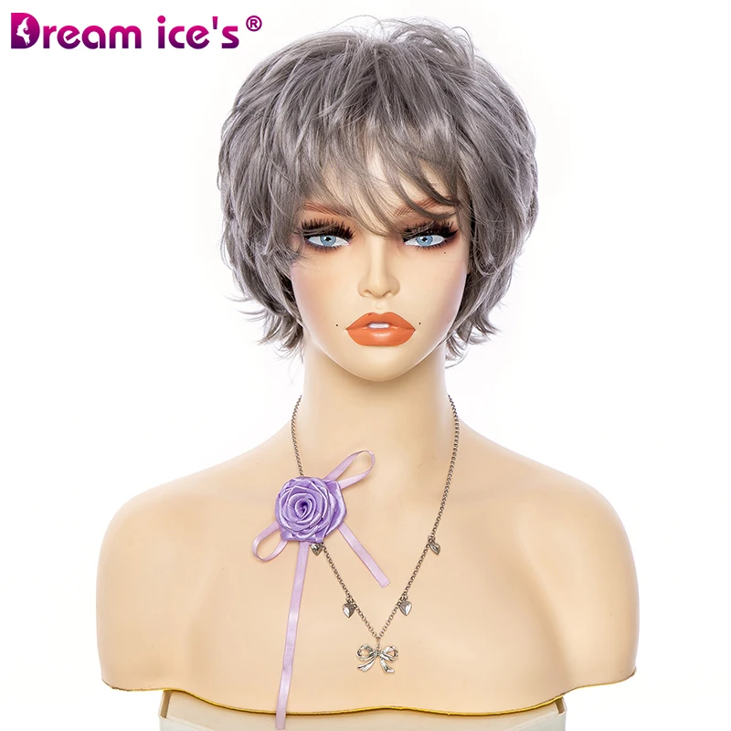 Short Gray Brown Pixie Cut Synthetic Wig With Bangs For Women Natural Straight Wave Glueless Hair Daily Cosplay Wigs Dream ice\'s