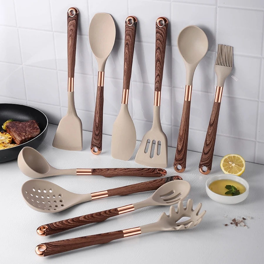 

11-Piece Silicone Kitchen Utensil Set with Wood Grain Handles Pasta Server Ladle Spatula - Storage Bucket Included