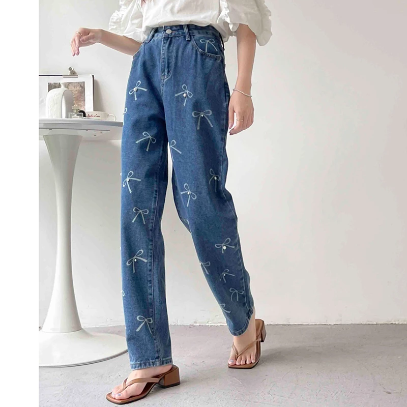 90s Vintage Beaded Printed Jeans Women 2024 Fashion High Waist Straight Denim Pants Female Casual Trouers Y2K Baggy Jeans