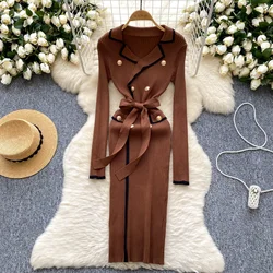 Vintage Turn-down Collar Slim Bandage Basics Metal Buckle Patchwork Dress Korean Evening Women Fashion Autumn Winter Clothing